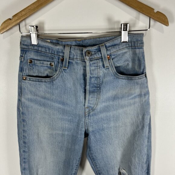 Levi's 501 Jeans Thrashed 25x30 Blue Light Wash Premium Denim Classic Distressed - Picture 2 of 11